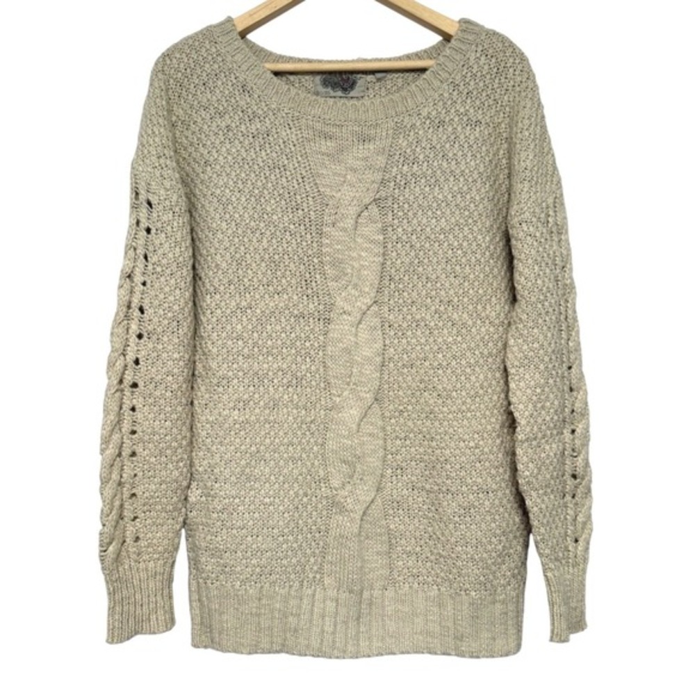 Ecote UO Cable Crochet Knit Sweater Womens L Chunky Fisherman Wheat Wool Blend